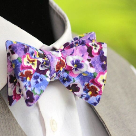 Men's bow tie Cotton Purple Floral Self - tied C417 - Picture 2 of 6